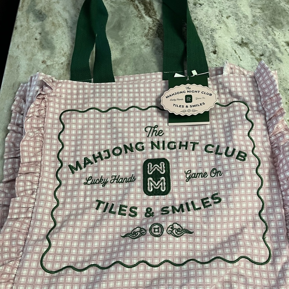 'Tiles & Smiles' Pink Mahjong Tote Bag with Green Handles